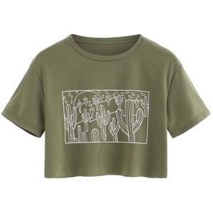 Cactus Print Short Sleeve Crop Top